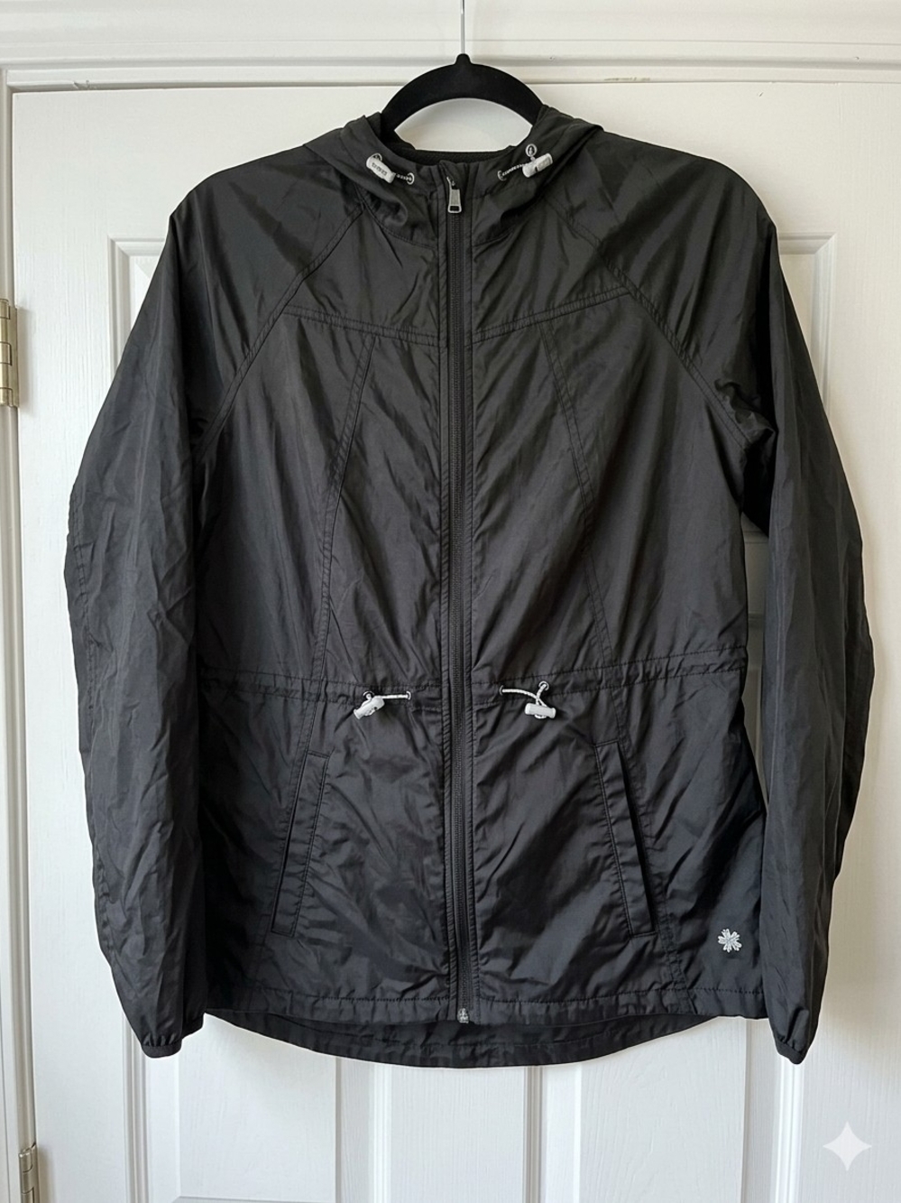 Black Hooded Windbreaker Jacket Lightweight Cinched Waist Full Zip Gorpcore S